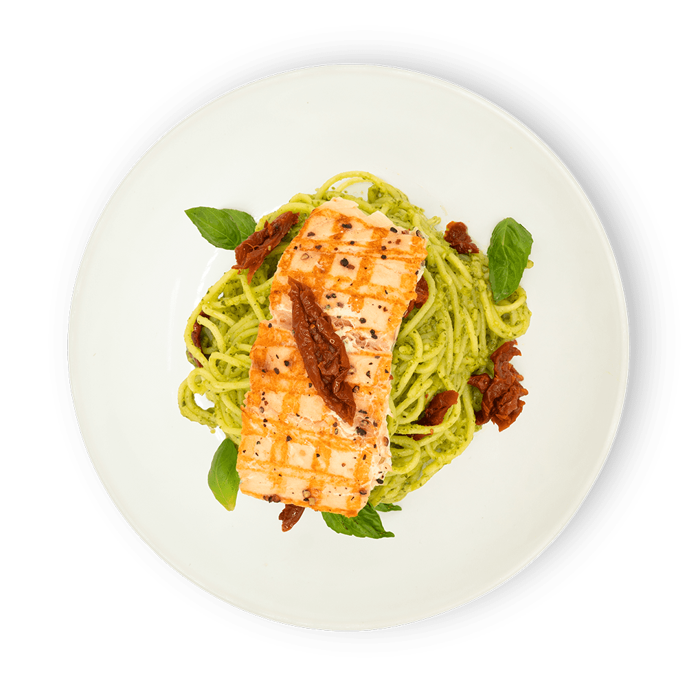 Grilled Salmon Spaghetti Pesto